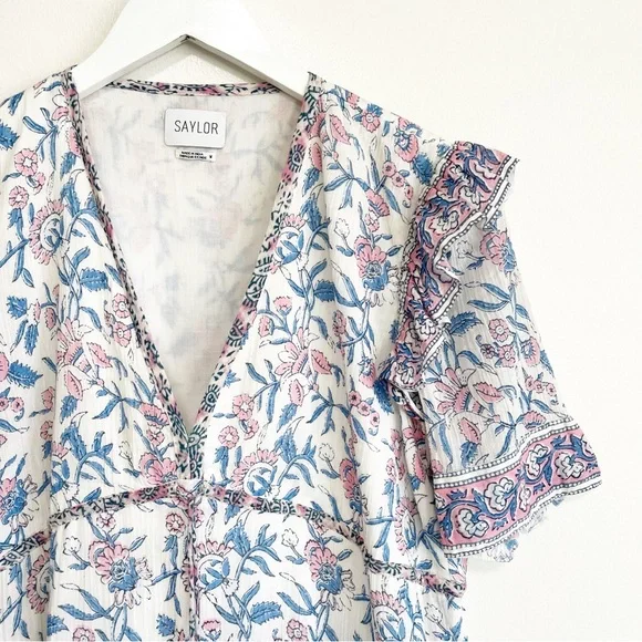 SAYLOR Evelynne Blockprint Floral Mini Tiered Dress Cotton Size Medium - Picture 3 of 9